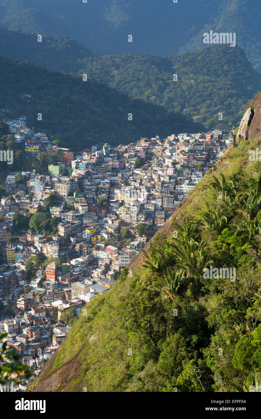 Blick auf Rocinha Favela und der Wald von Tijuca National Park, Rio De Janeiro, Brasilien, Südamerika Stockfoto