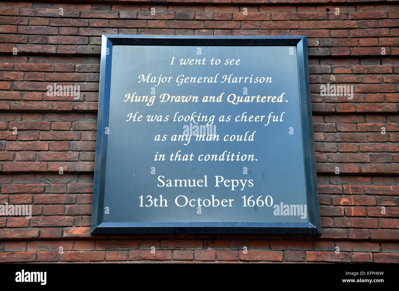 Samuel Pepys Zitat auf der Seite der Hung Drawn und Quartered Pub in der Stadt von London, England, UK Stockfoto