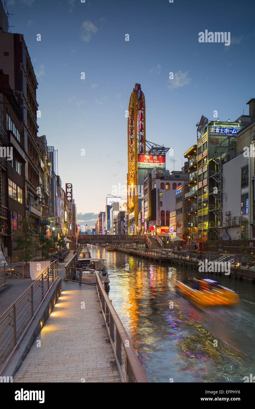 Dotombori in der Abenddämmerung, Osaka, Kansai, Japan, Asien Stockfoto