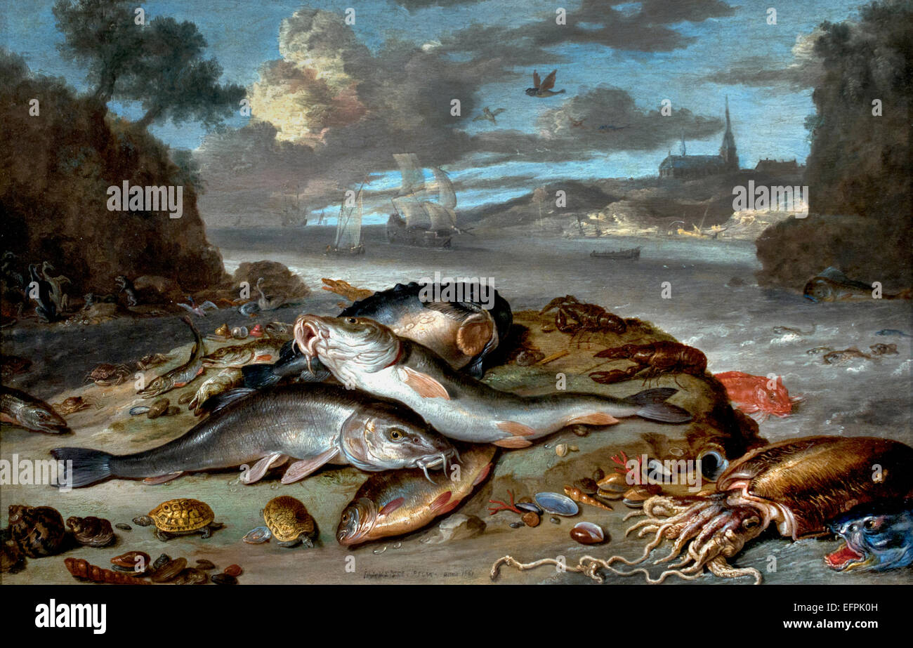 (Stillleben mit Fischen und Meerestieren in einer Küstenlandschaft) Jan van Kessel der ältere (1626 – 1679) flämischen Belgien Belgien Stockfoto