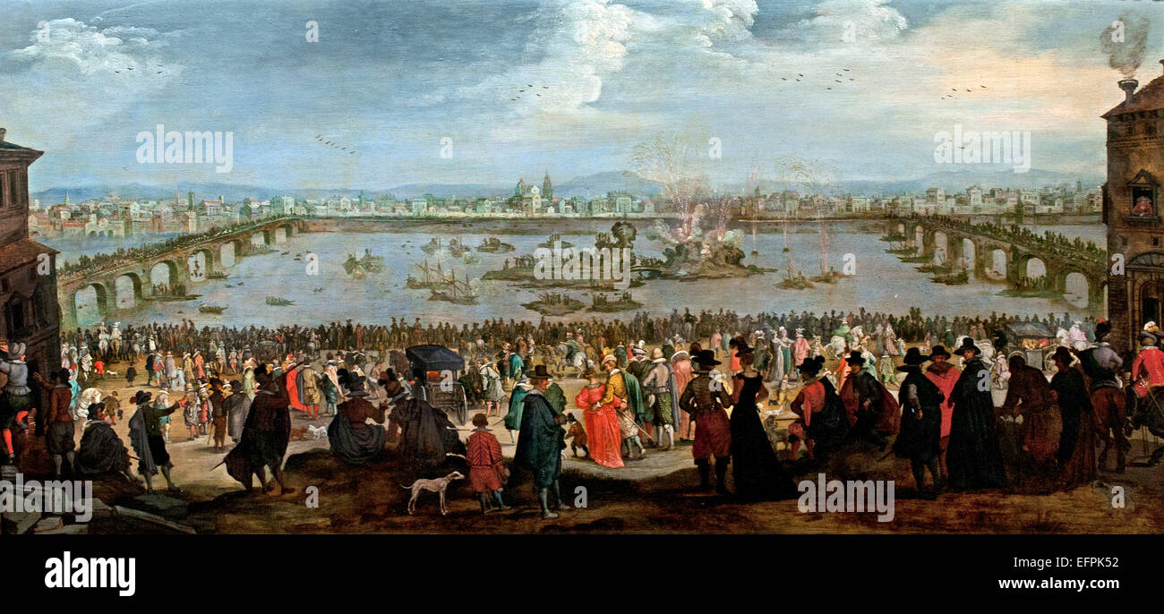 Die Mock Schlacht zwischen des Webers und Dyer es Gilden auf den Arno in Florenz am 25. Juli 1619 unbekannter niederländischer Meister Niederländisch Niederlande Stockfoto