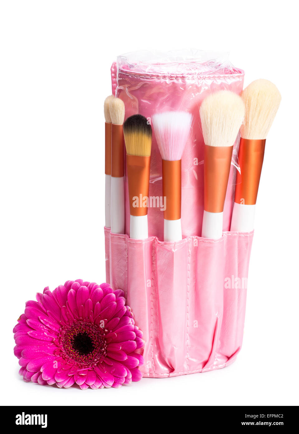 Rosa Make-up Pinsel set mit Blume Stockfoto