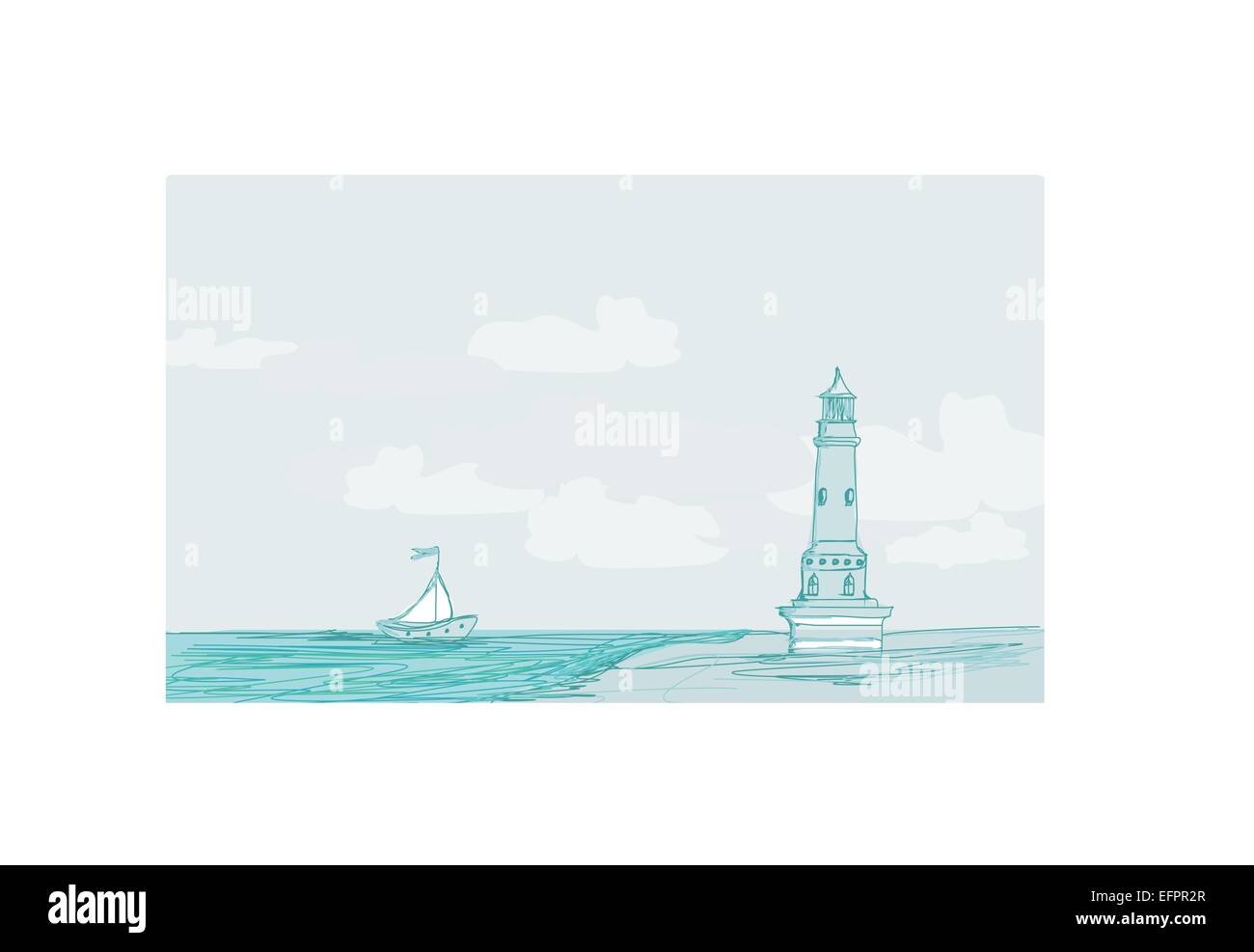 Leuchtturm gesehen von einem winzigen Strand - doodles Landschaft Stock Vektor