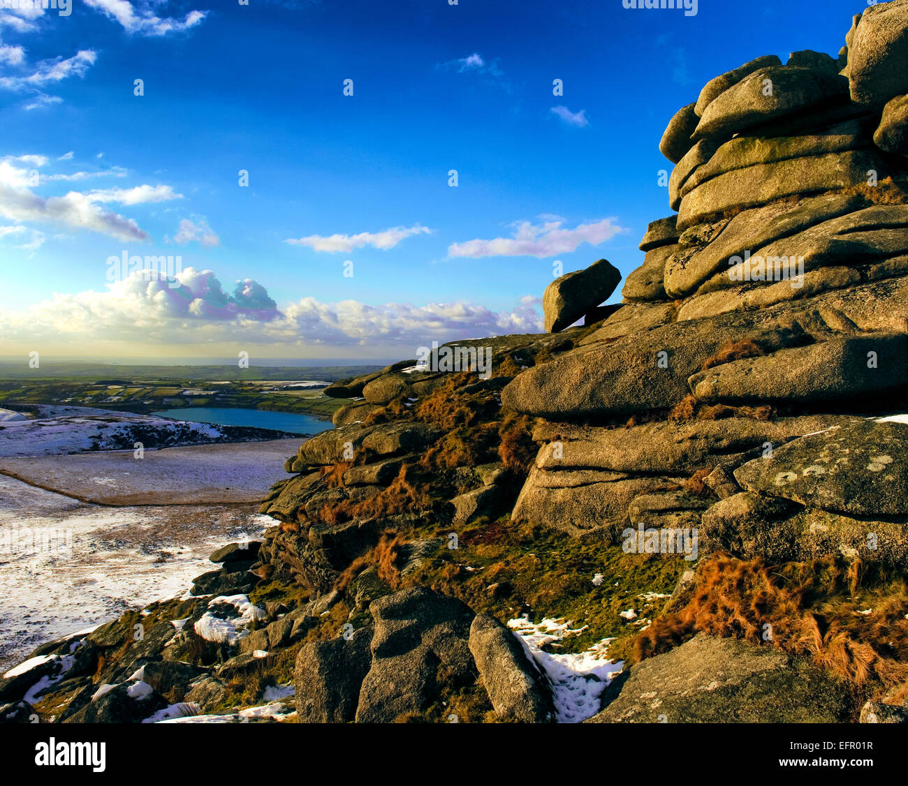 Roughtor im Schnee auf Bodmin Moor, North Cornwall. Stockfoto