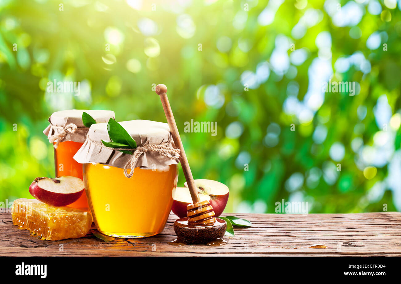 Glas-Dosen voll von Honig, Apfel und Kämme auf Holztisch im Garten. Stockfoto