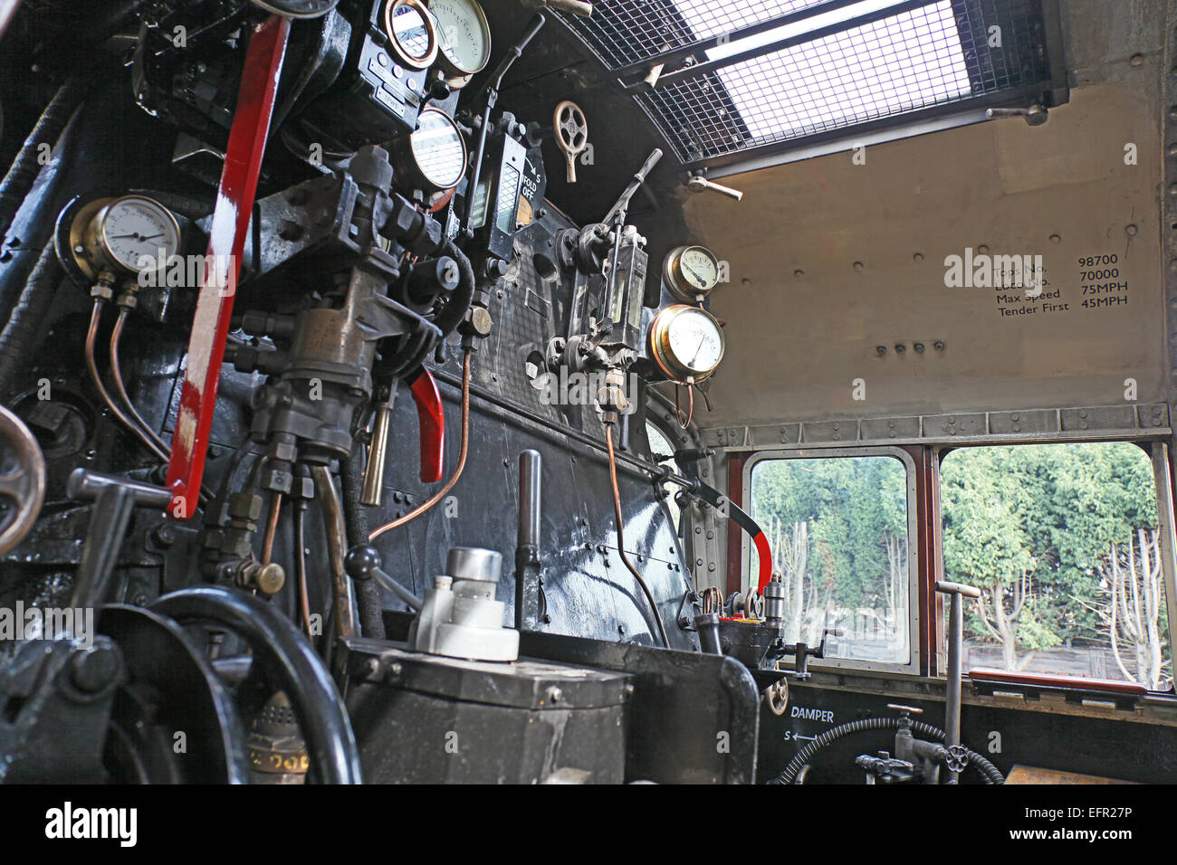 Ein Blick ins Innere der Kabine des ex-BR loco No.70000 "Britannia" Bishops Lydeard Station West Somerset Railway, England UK Stockfoto