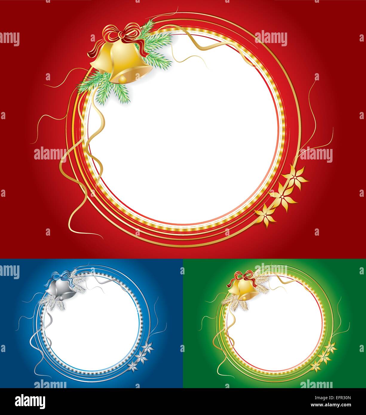 Satz von drei Weihnachten glänzenden Rahmen mit Glocken und Tannenzweigen, Vektor-illustration Stock Vektor