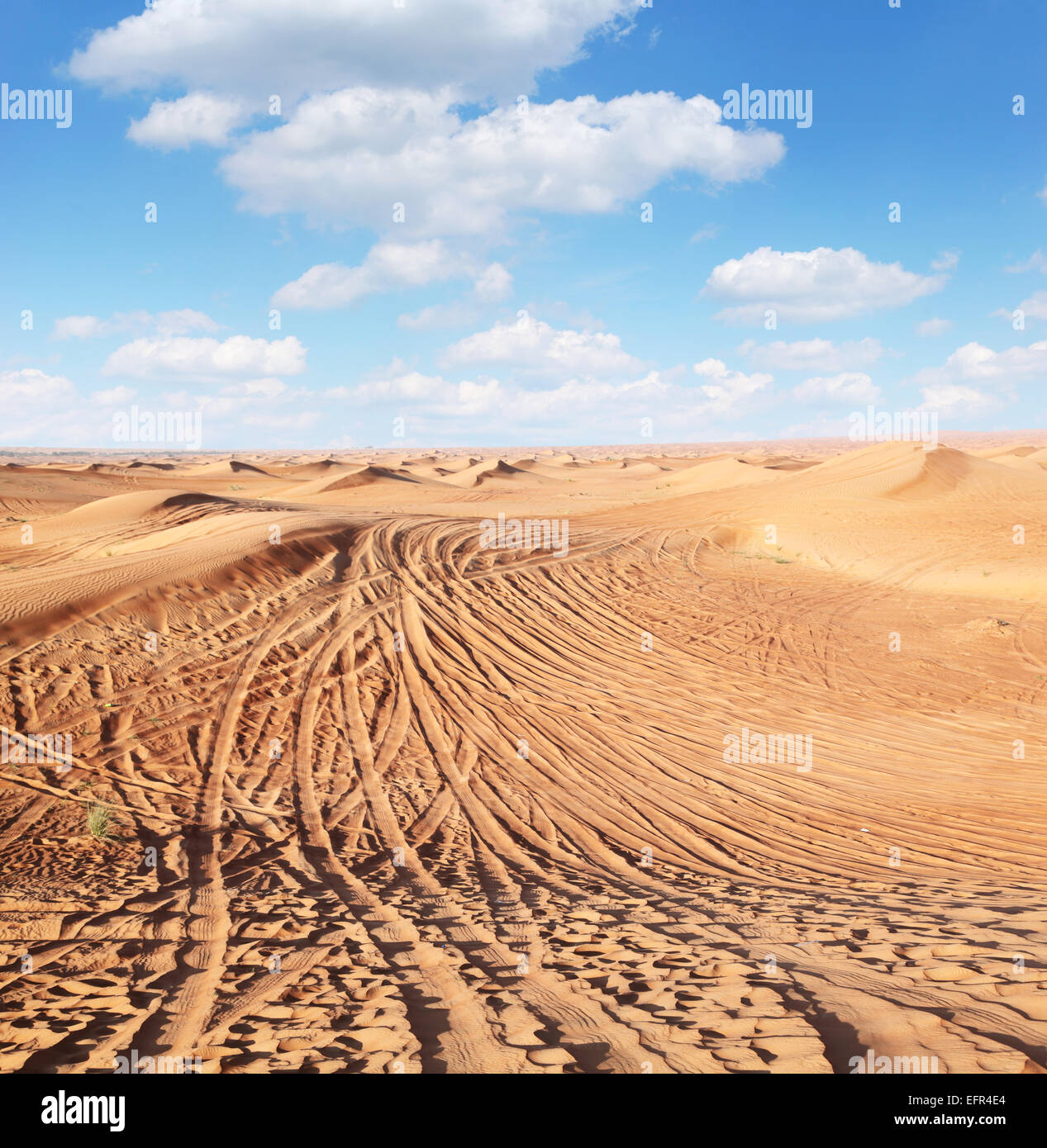 Spuren der Autos auf dem Sand in der Wüste. Stockfoto