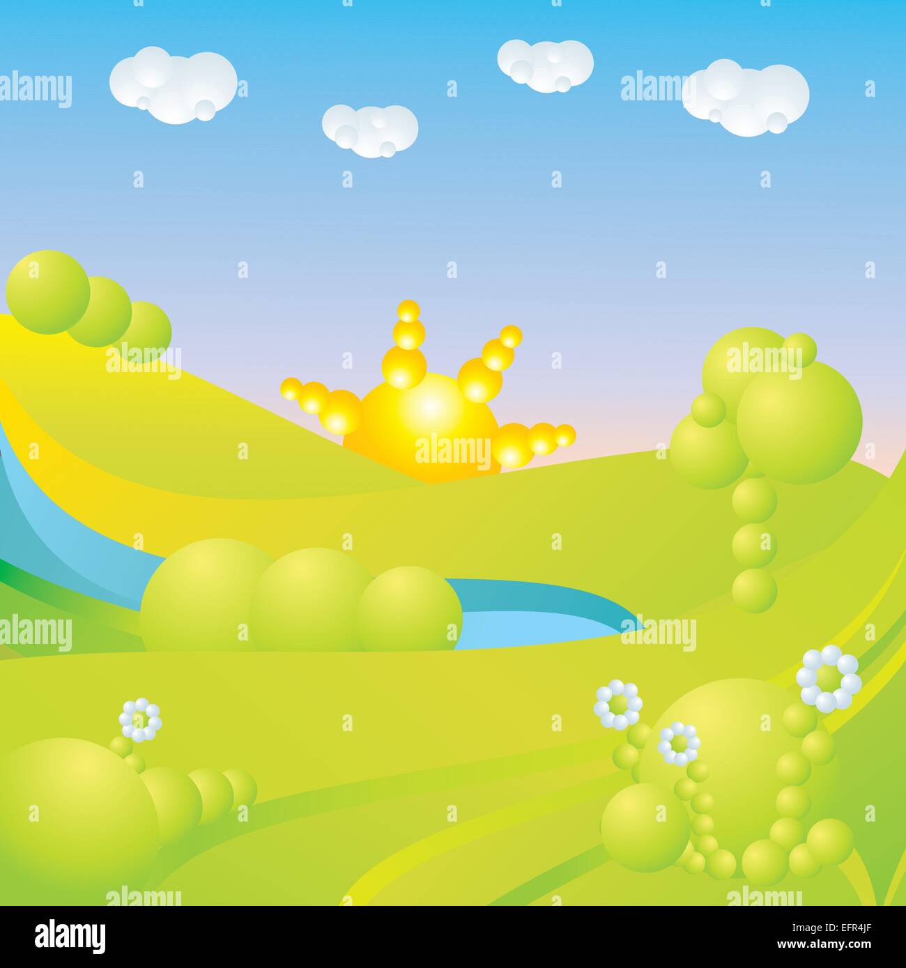 blauer Himmel, grüne Rasen, Bäume, Wolken, Sonne und Blumen abstrakte Landschaft-Vektor-illustration Stock Vektor