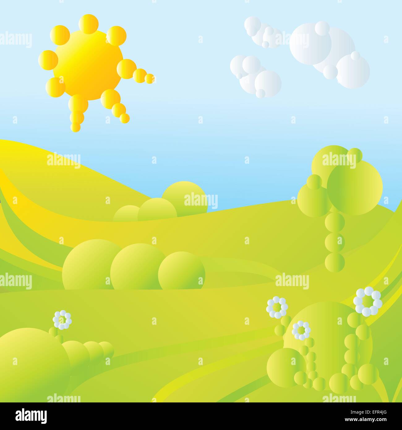 blauer Himmel, grüne Rasen, Bäume, Wolken, Sonne und Blumen abstrakte Landschaft-Vektor-illustration Stock Vektor