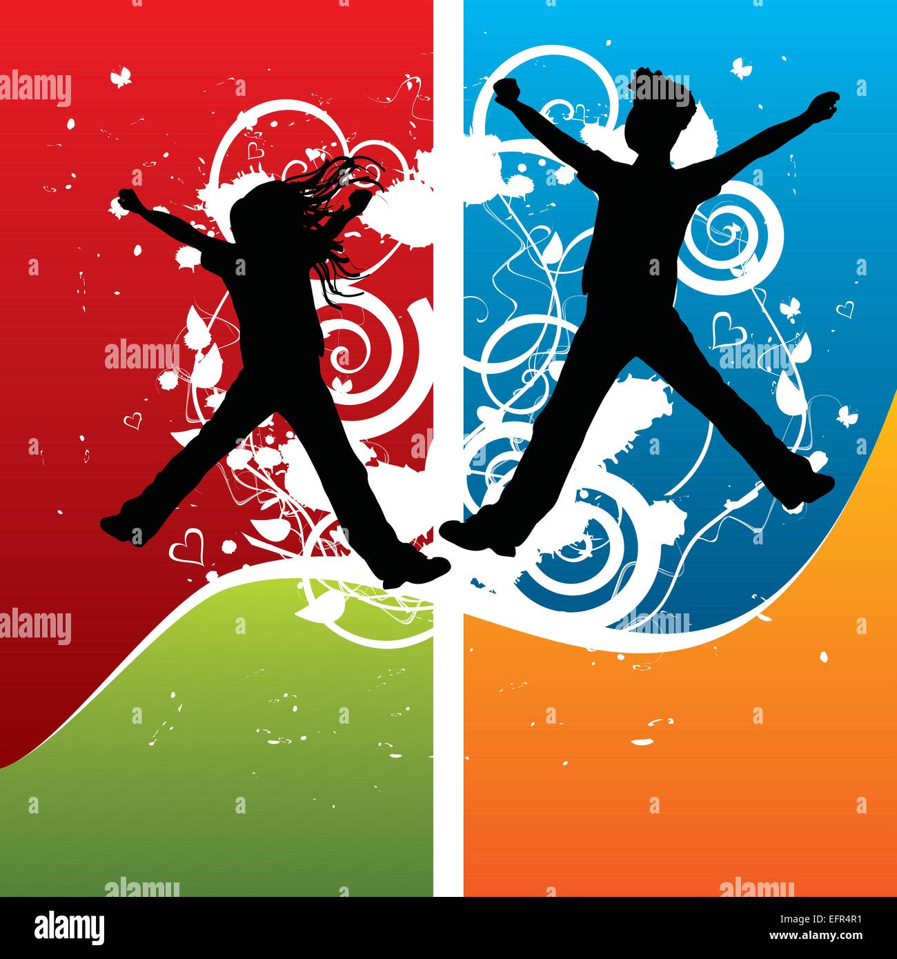 Jungen und Mädchen Silhouetten springen vor Freude, Vektor-illustration Stock Vektor