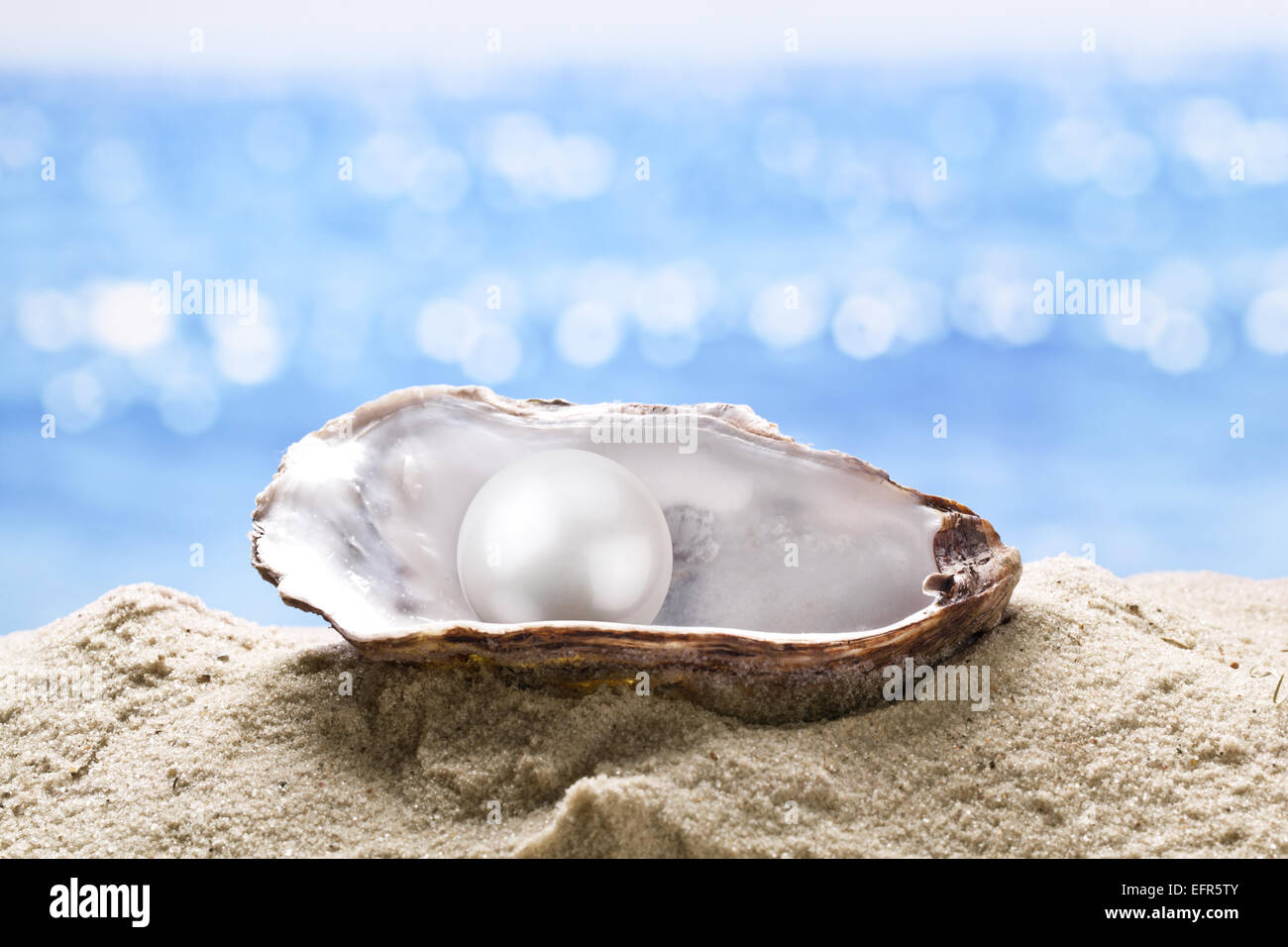 Perle Austern in den Sand. Verschwommene Meer im Hintergrund. Stockfoto