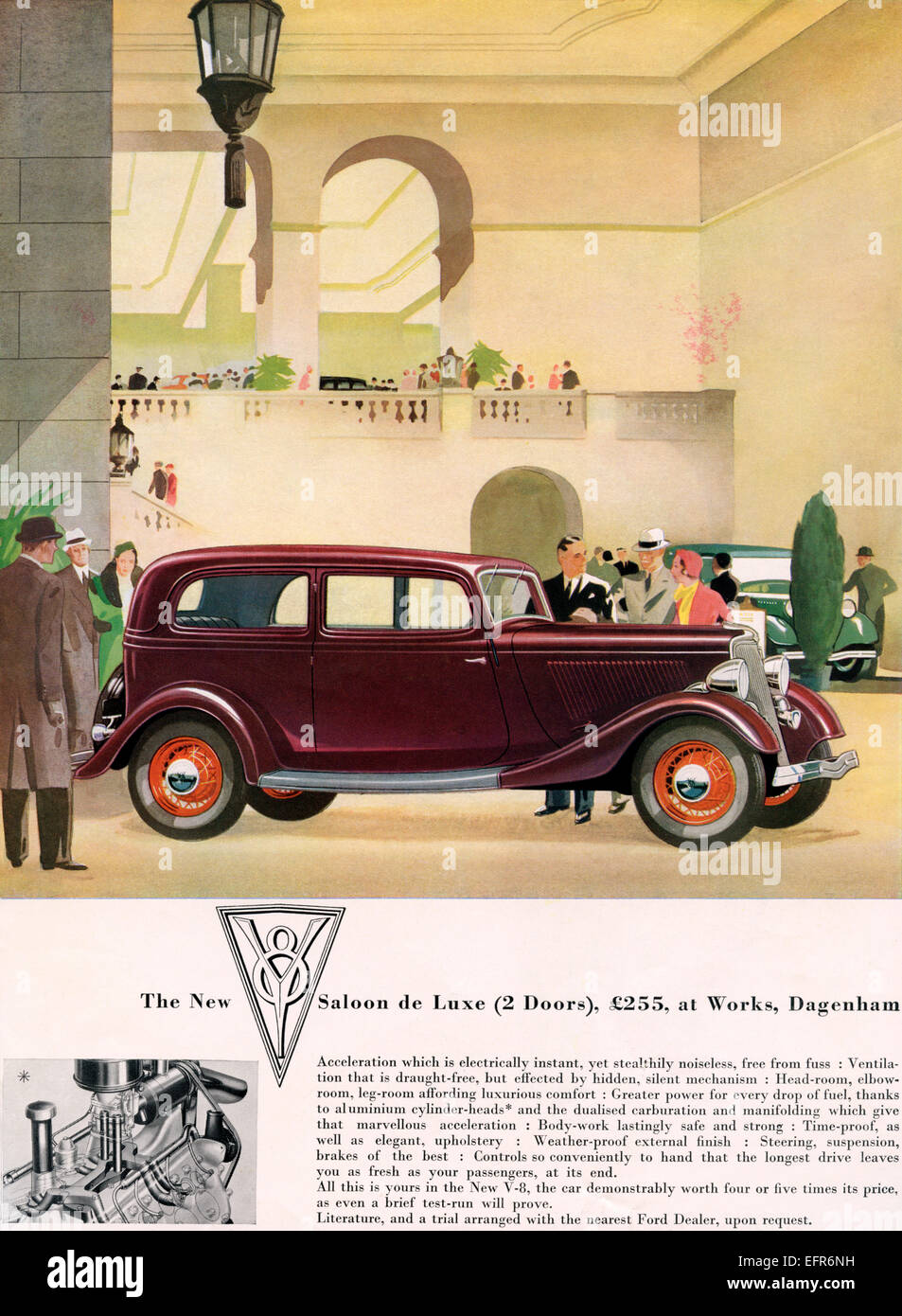 1934-Werbung für den neuen Ford zwei Türen, V8 Limousine de Luxe. Stockfoto