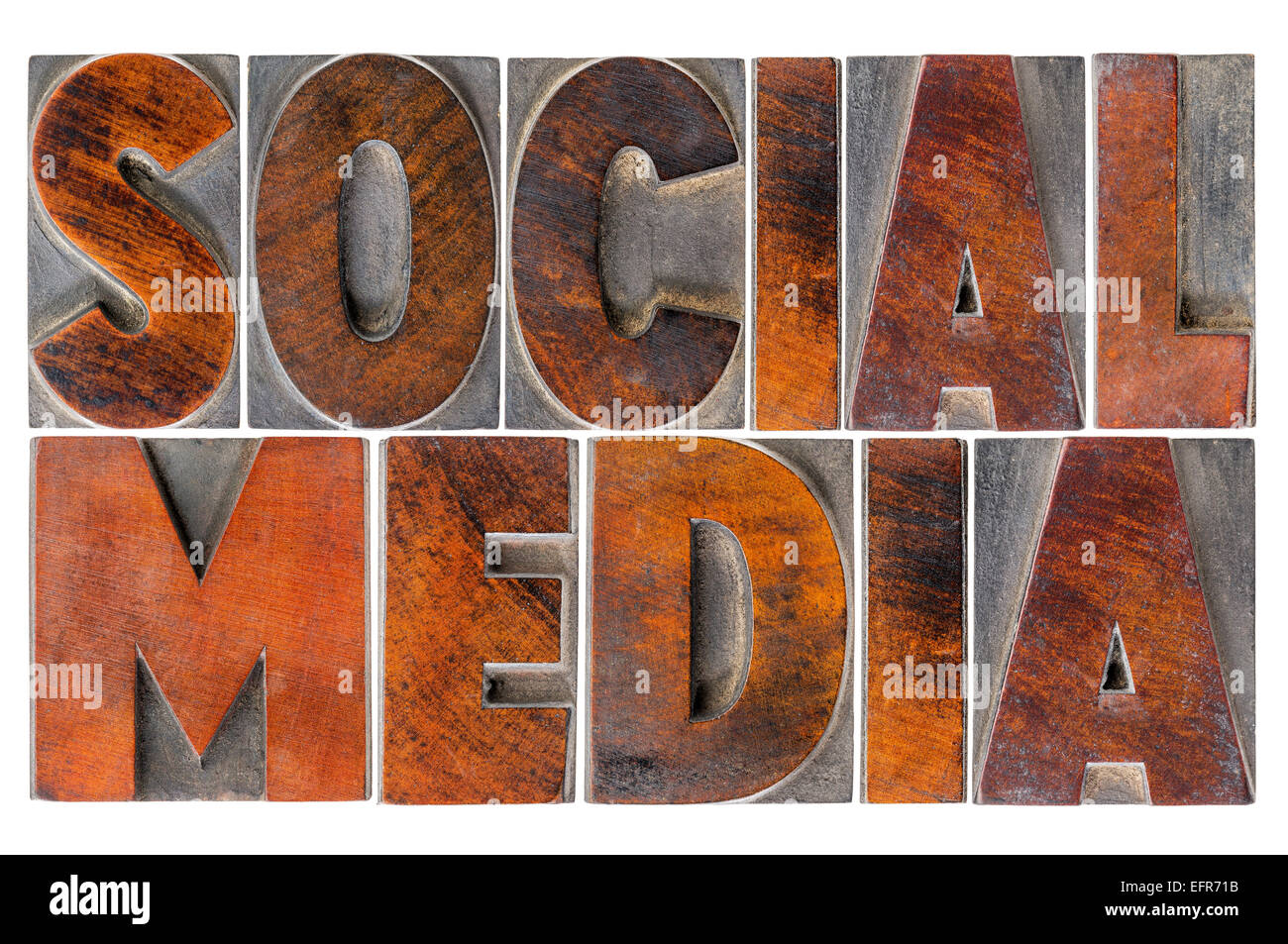 Social-Media - isolierten Text in antikem Holz Buchdruck Blöcke mit Tinte patina Stockfoto