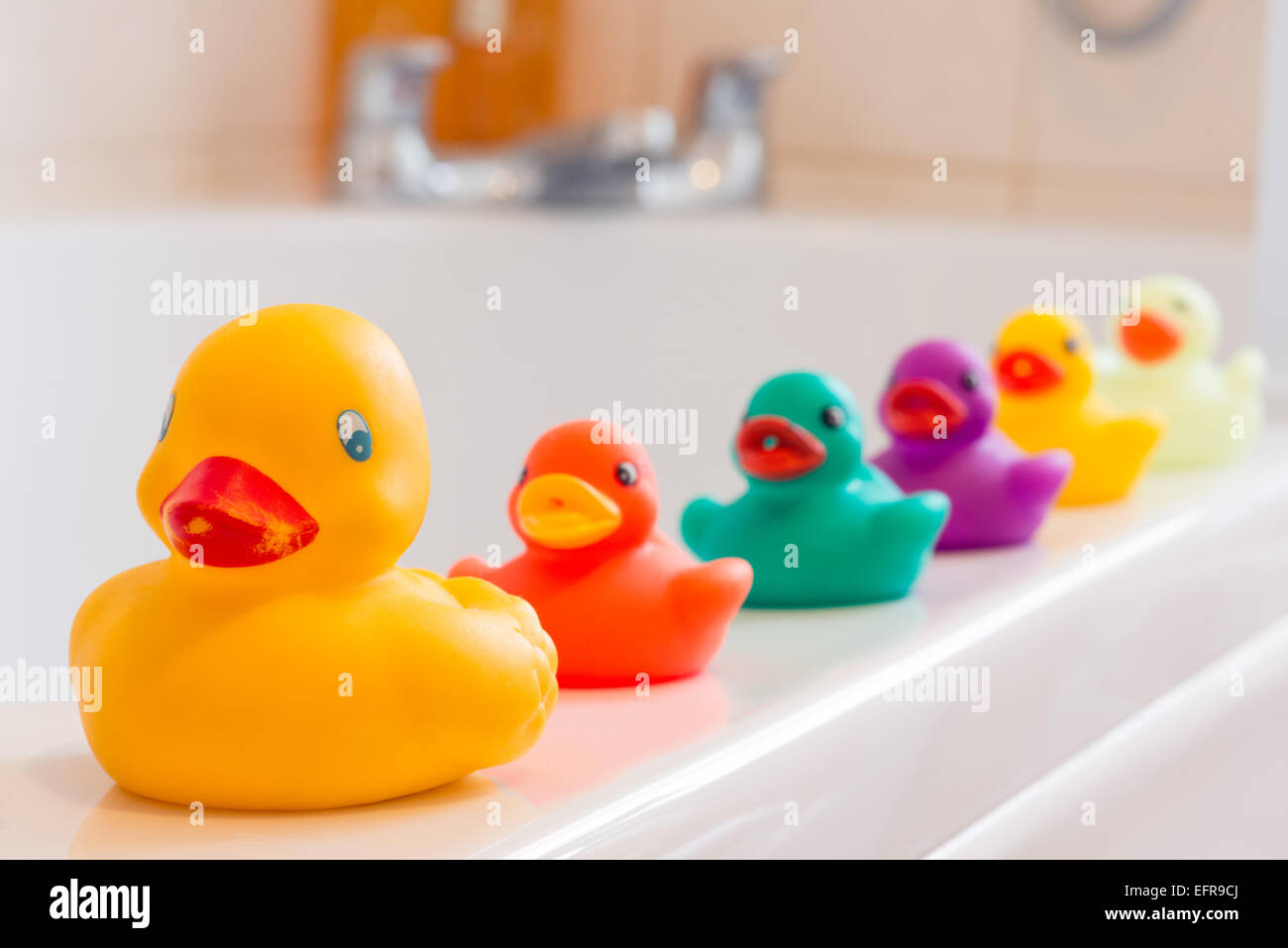 Eine süße Gelbe Gummiente an der Spitze einer Reihe von bunten Plastikenten aufgereiht auf den Rand der Badewanne in einem Badezimmer Stockfoto