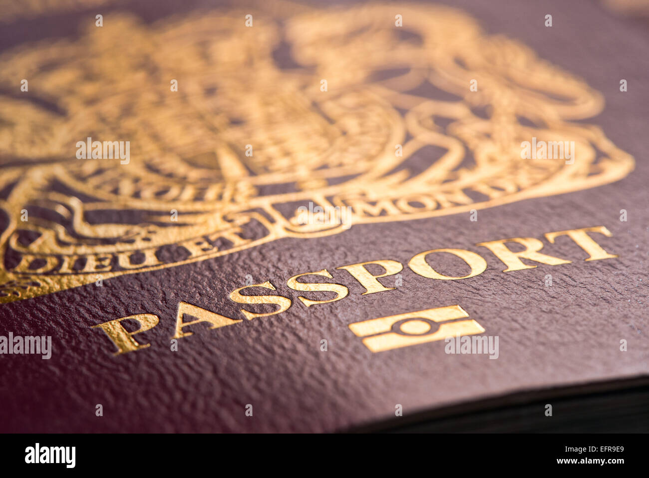 Eine Nahaufnahme von der Titelseite eines modernen britischen Passes zeigt das königliche Wappen Stockfoto