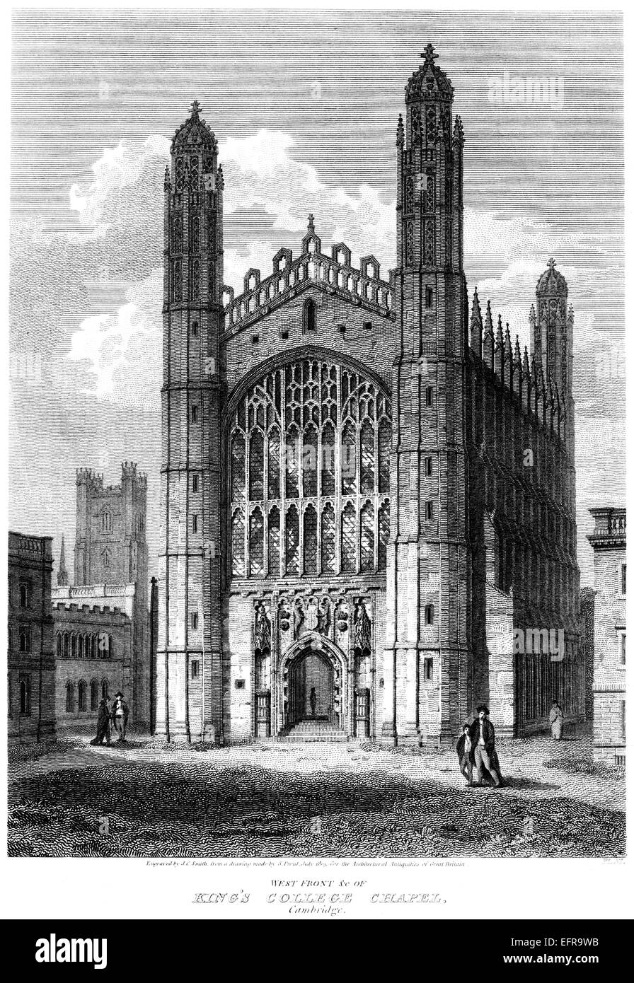 Eine Gravur der West Front des Kings College Chapel, Cambridge Scannen mit hoher Auflösung aus einer Publikation gedruckt im Jahre 1805. Stockfoto