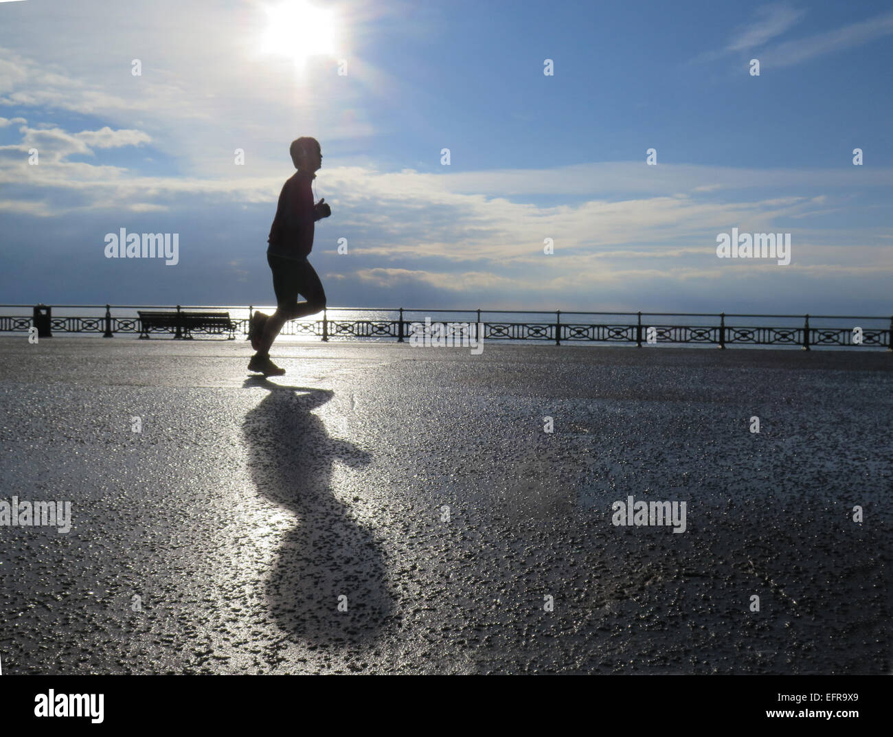 Ein männliche Jogger läuft Promenade Hove Rasen wirft seine Schatten in der frühen Morgensonne am glitzernden Meer. Stockfoto