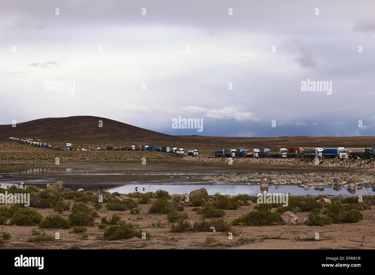 Langen Reihe von LKW stehen an der Grenze zwischen Chile und Bolivien am Chungara-Tambo Quemado Stockfoto