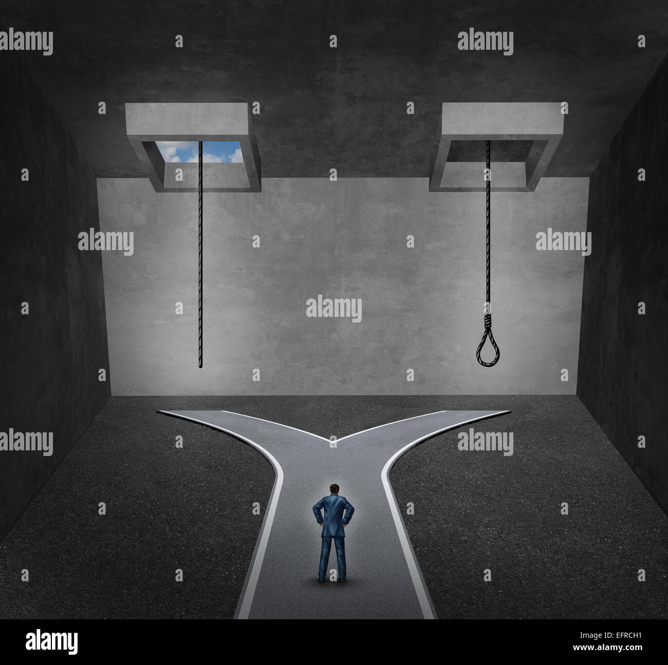 Selbstmord-Konzept als eine Person vor einem schwierigen psychologischen  Dilemma zwischen ein Seil mit einer Schlinge oder eine Lebensader als  Metapher Stockfotografie - Alamy