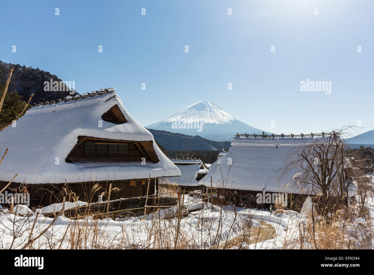 Gebäude und Mount Fuji mit Schnee bedeckt, Yamanashi, Japan Stockfoto