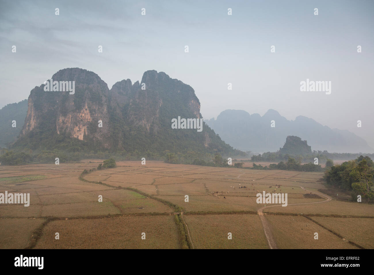 Blick auf die Landschaft rund um Vang Vieng, Laos. Stockfoto