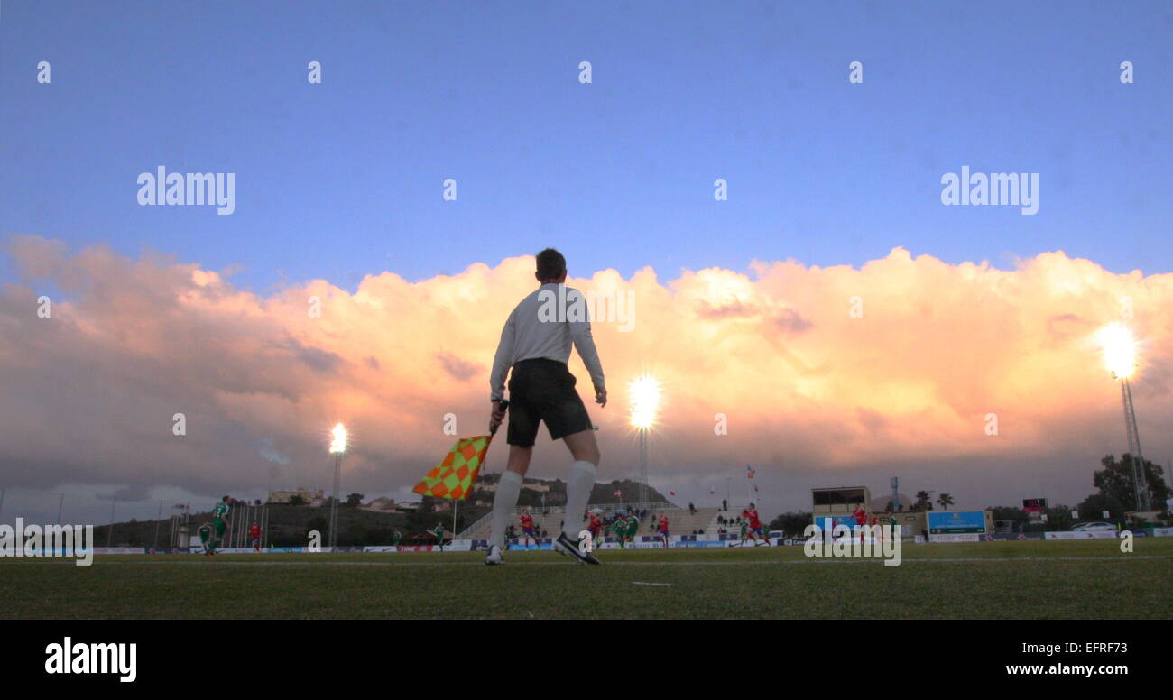 La Manga Club, Spanien. 9. Februar 2015. Copa X: Vestsjaelland (Dänemark) gegen Hammarby (Schweden) Gesamtansicht der dramatische Wolken, die vestsjaelland das Spiel 3: 1 gewonnen. Bildnachweis: Tony Henshaw/Alamy Live-Nachrichten Stockfoto