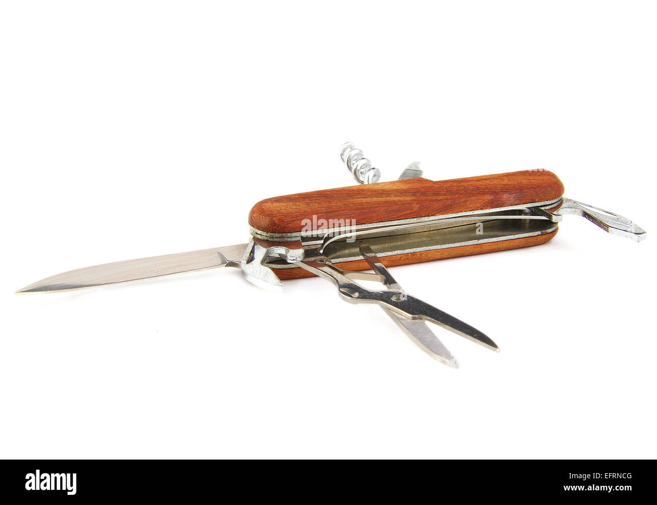 Detailansicht eines geschlossenen braun Schweizer Messers auf weißem Hintergrund Stockfoto