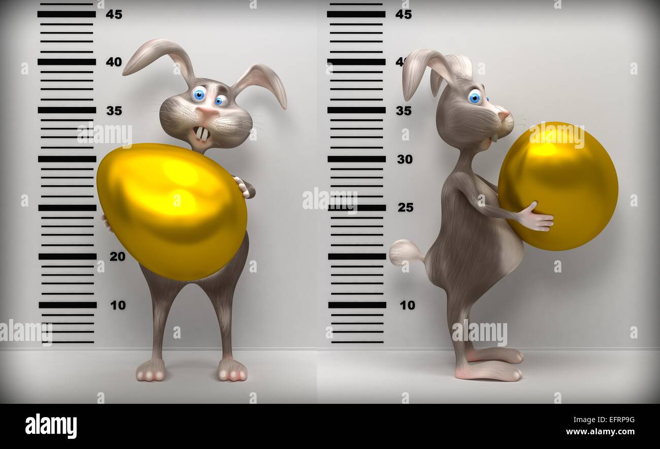 Lustiger Osterhase mit großen gold-Ei in der Polizei. Hase fotografiert für ein Strafverfahren. 3D illustration Stockfoto