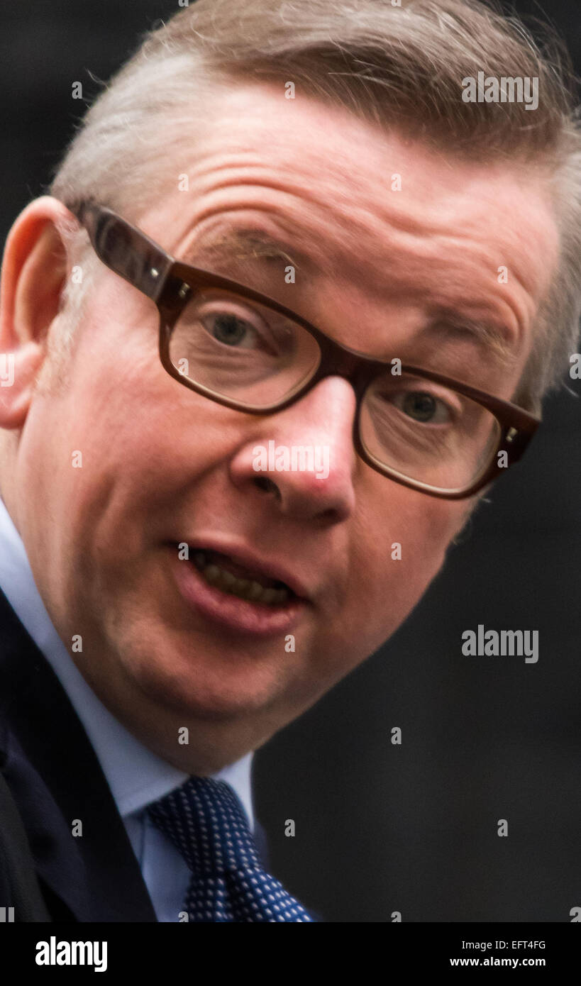 London, 10. Februar 2015. Minister kommen bei der wöchentlichen Kabinettssitzung in 10 Downing Street. Im Bild: Michael Gove, Hauptpeitsche. Bildnachweis: Paul Davey/Alamy Live-Nachrichten Stockfoto