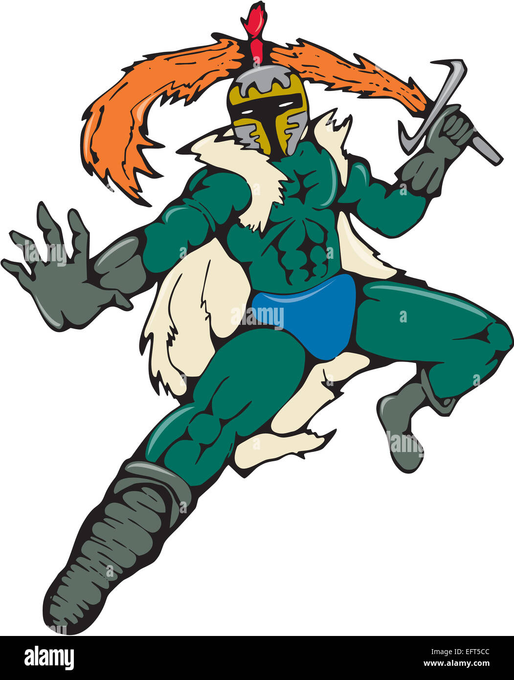 Cartoon-Stil Darstellung eines Ritters mit Umhang ein feuriges Schwert von vorne auf isolierte Hintergrund betrachtet. Stockfoto