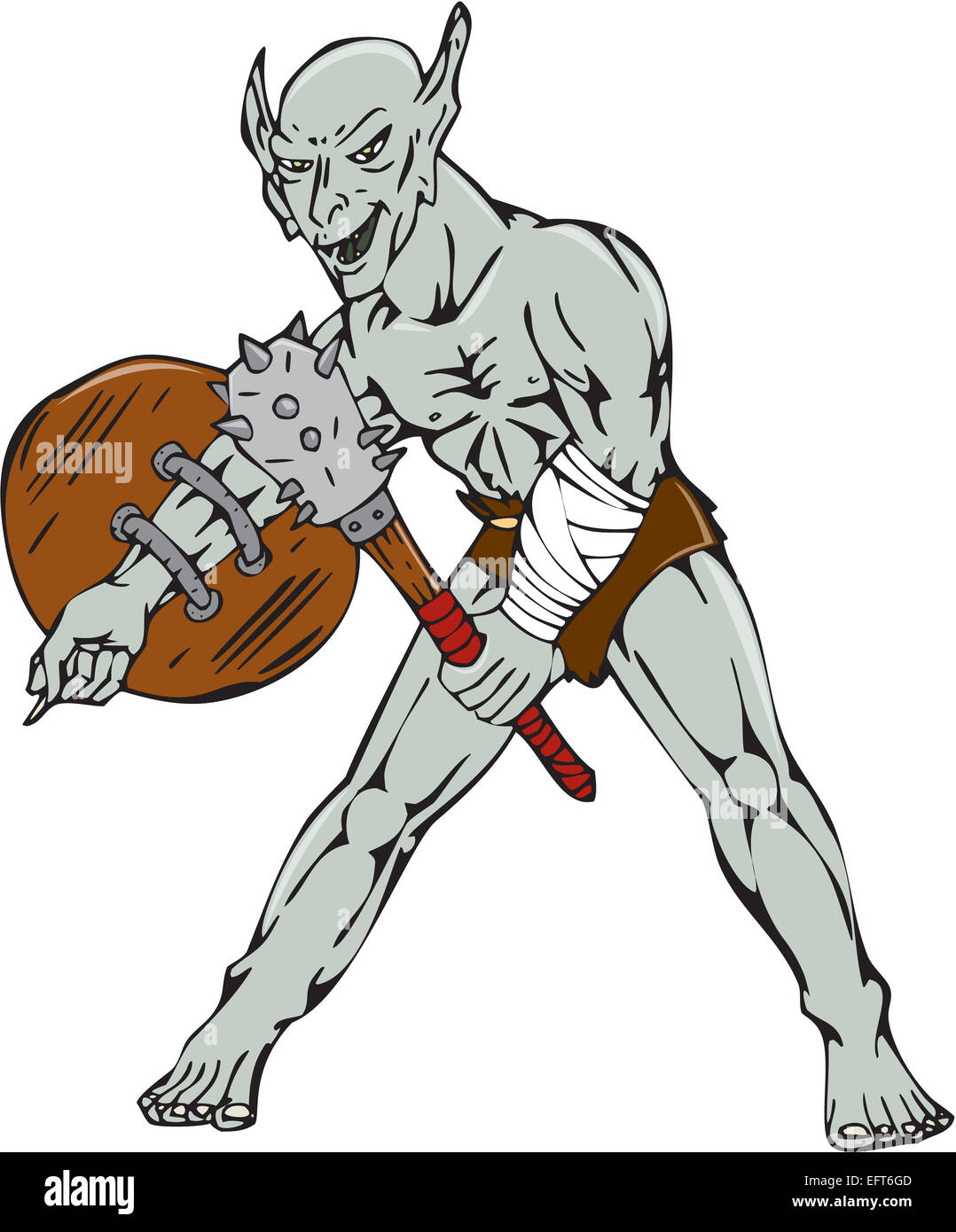 Cartoon-Stil Illustration eine Ork-Krieger mit ein Club und ein Schild von vorne auf isolierte Hintergrund betrachtet. Stockfoto