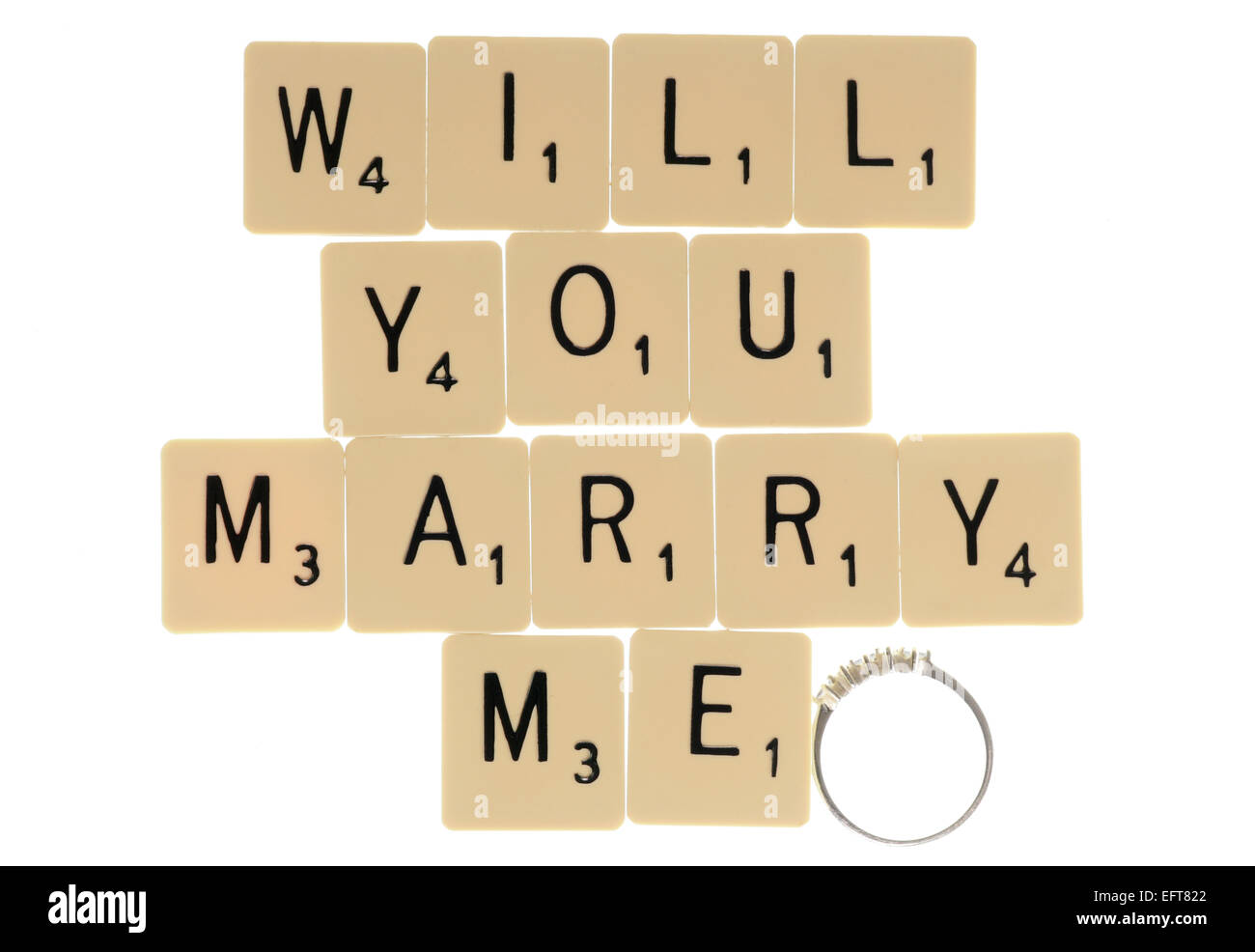 Du willst mich heiraten, Scrabble Buchstaben Ausschnitt Stockfoto