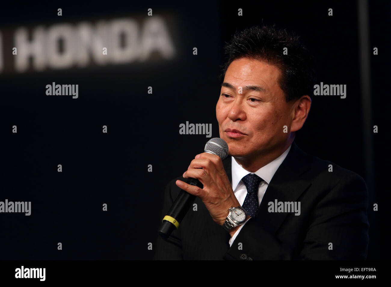 Tokio, Japan. 10. Februar 2015. Yasuhisa Arai (McLaren) F1: Honda R&D Co., Ltd. Senior Managing Officer, Chief Officer der Motor Sport Yasuhisa Arai spricht während einer Pressekonferenz am Hauptsitz Honda Motor Co. in Tokio, Japan. (Foto von Hideki Yoshihara/Aflo Dite) Stockfoto