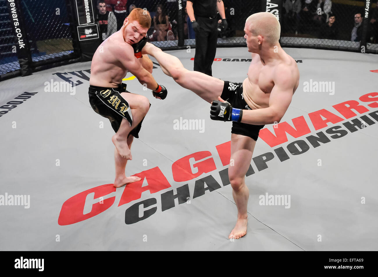 Ein MMA Käfig Figher ist im Kopf von Ali "Geisteskrank" Maclean getreten. Stockfoto