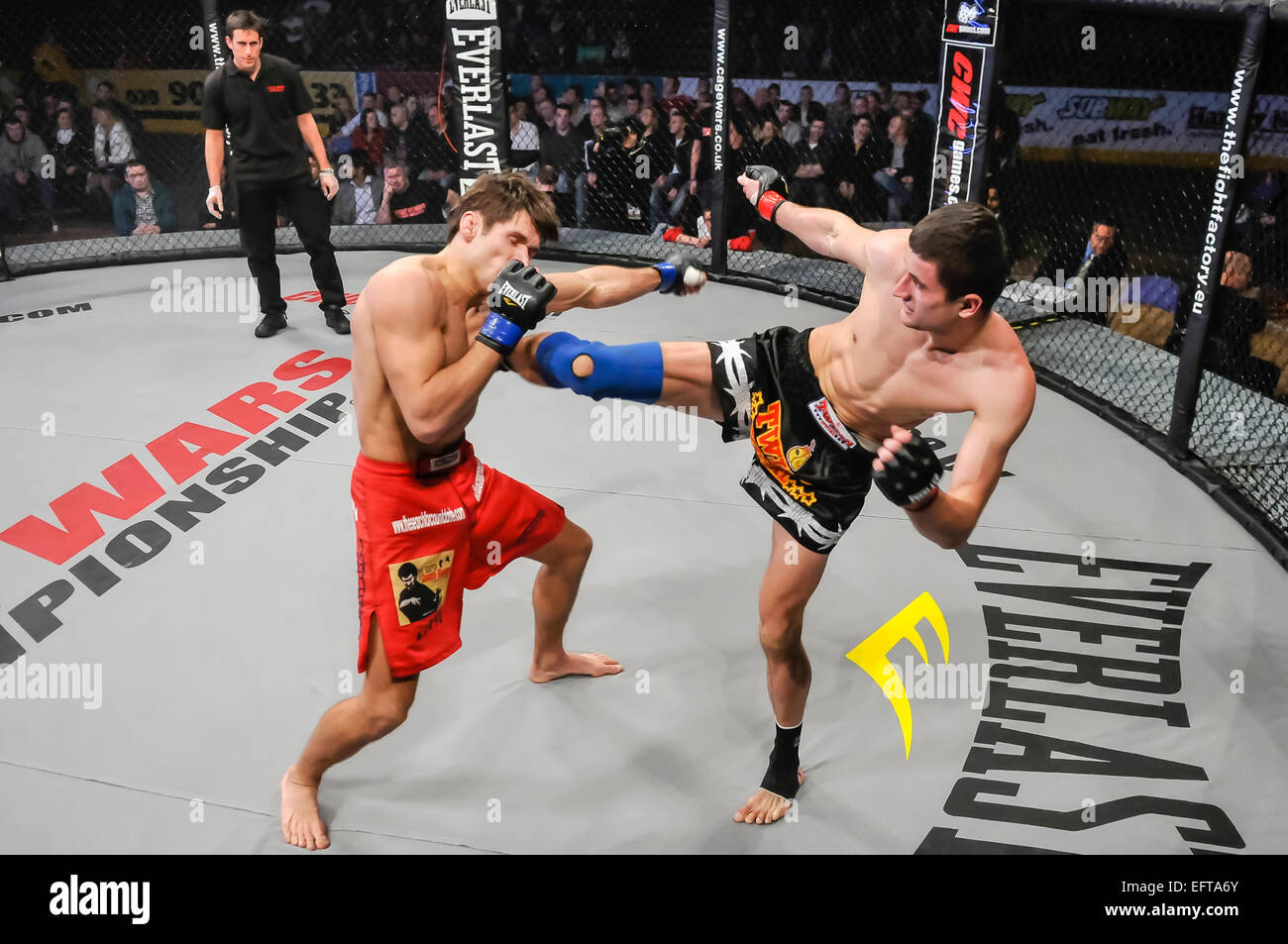 MMA Käfig Fighter ist in der Brust getreten Stockfoto