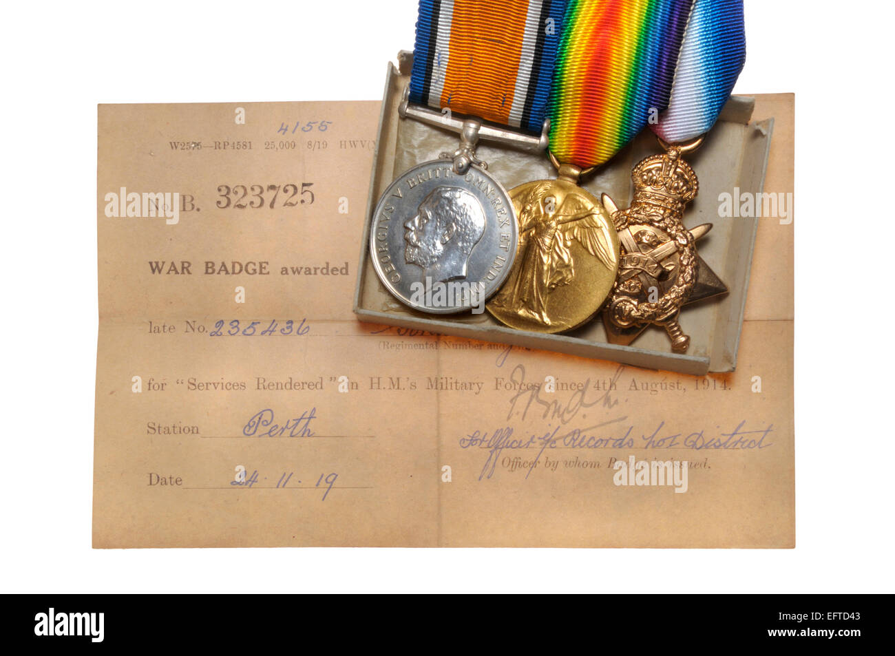 Ersten Weltkrieg Medaillen: "Pip, Quietschen und Wilfred" - britischen Krieg Medaille; Sieg-Medaille; 1914-Star;  (links nach rechts) Stockfoto