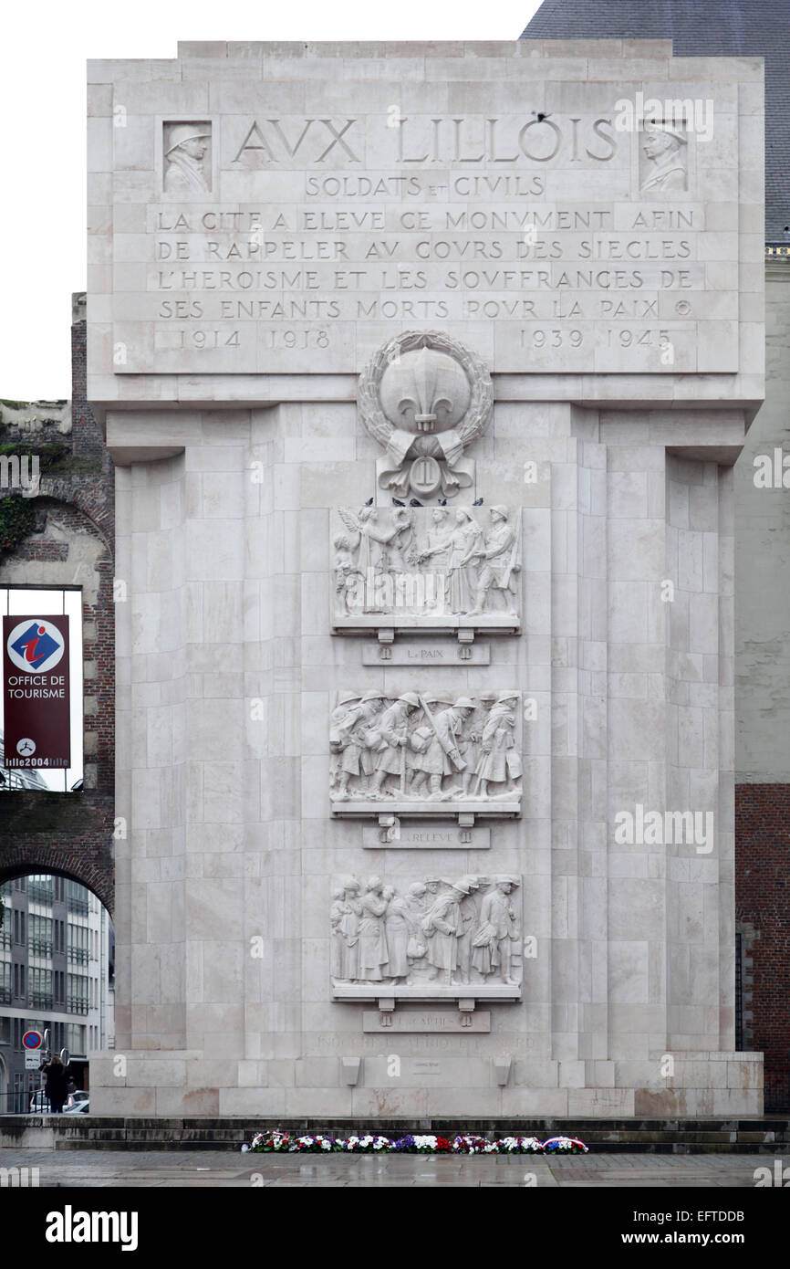 Lille-Kriegerdenkmal. Dieses Denkmal erinnert an die Bewohner von Lille, in der ersten und zweiten Weltkrieg starb. Stockfoto