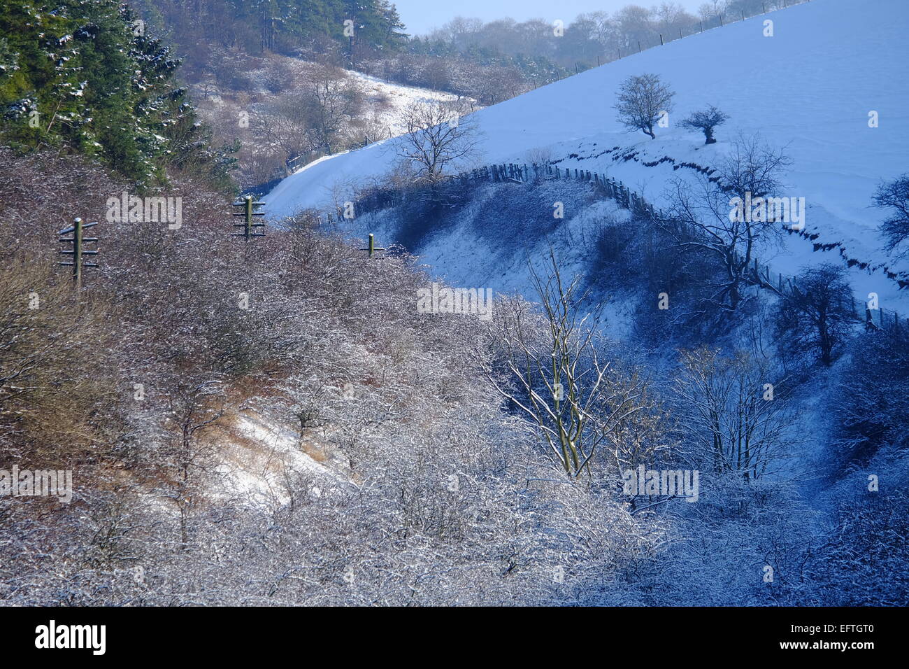 Stillgelegten Eisenbahnstrecke im Schnee. Stockfoto