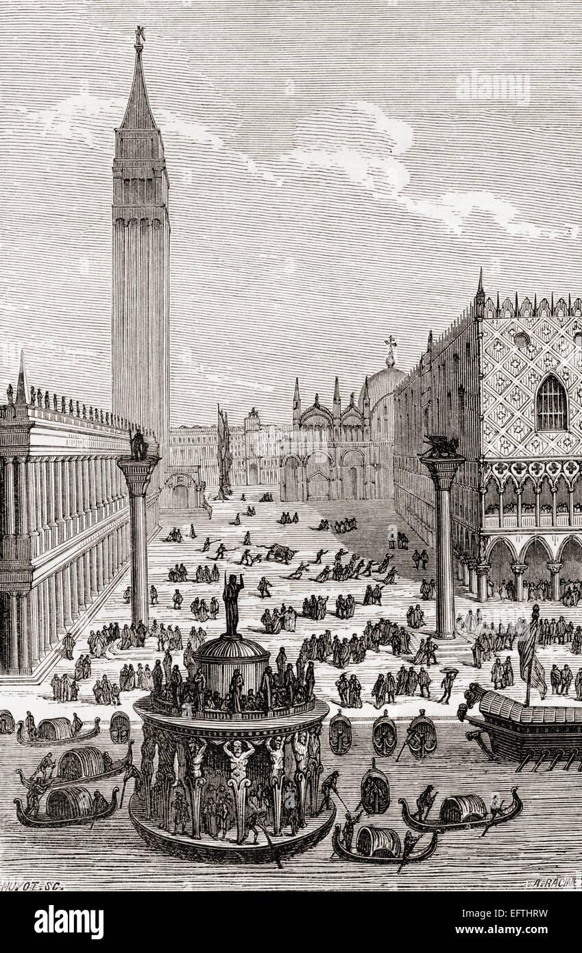 Blick auf den Markusplatz, Venedig im 16. Jahrhundert.  Nach Cesare Vecelio. Stockfoto