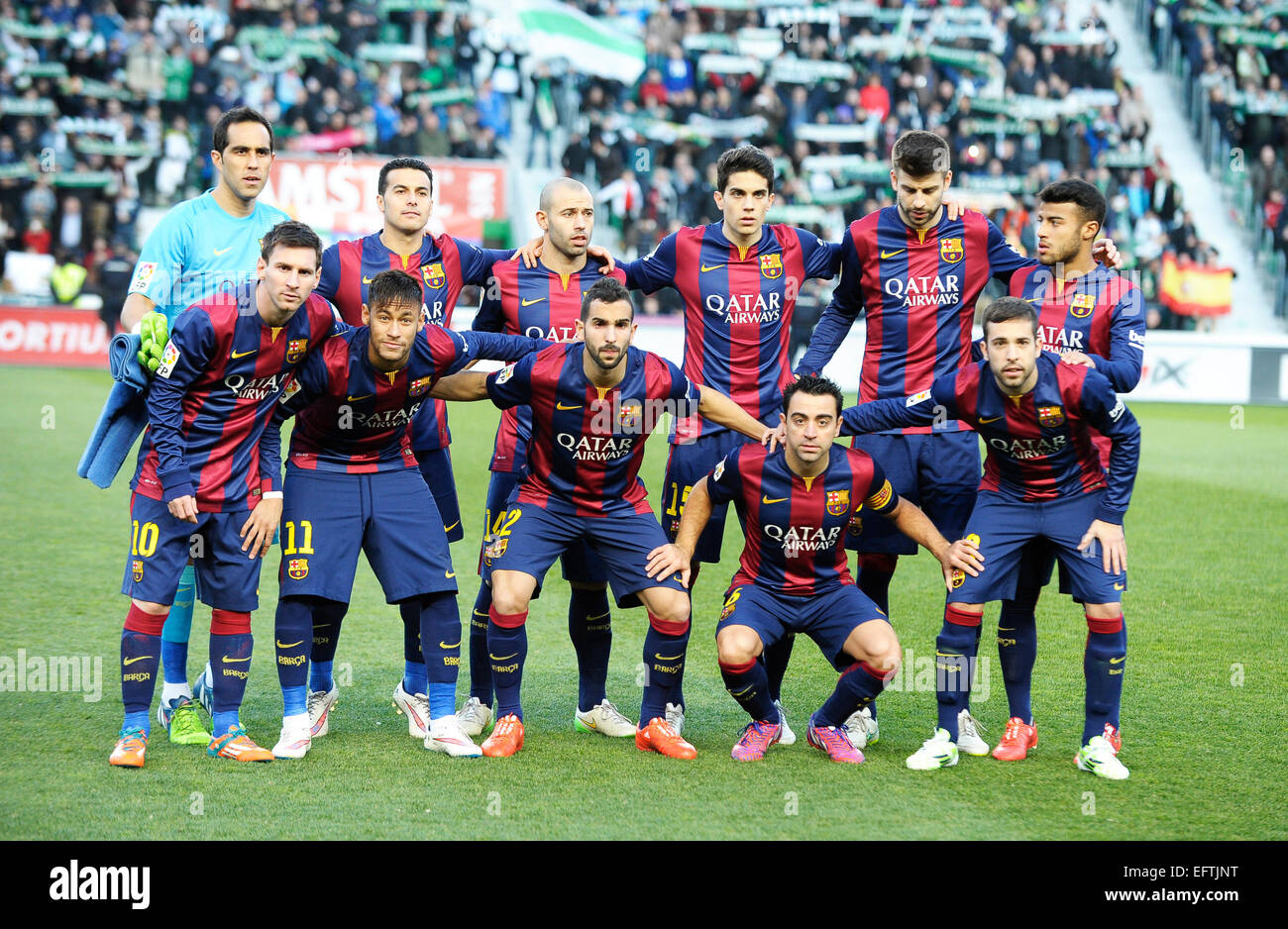 Fußball Primera Division 24.1.2015, Elche Vs FC Barcelona--team-Barcelonai.: Claudio Bravo, Pedro, Javier Mascherano, Marc Bartra, Gerard Pique, Rafinha. Vordere Reihe v.li.: Neymar, Lionel Messi, Xavi, Jordi Alba, Martin Montoya Stockfoto