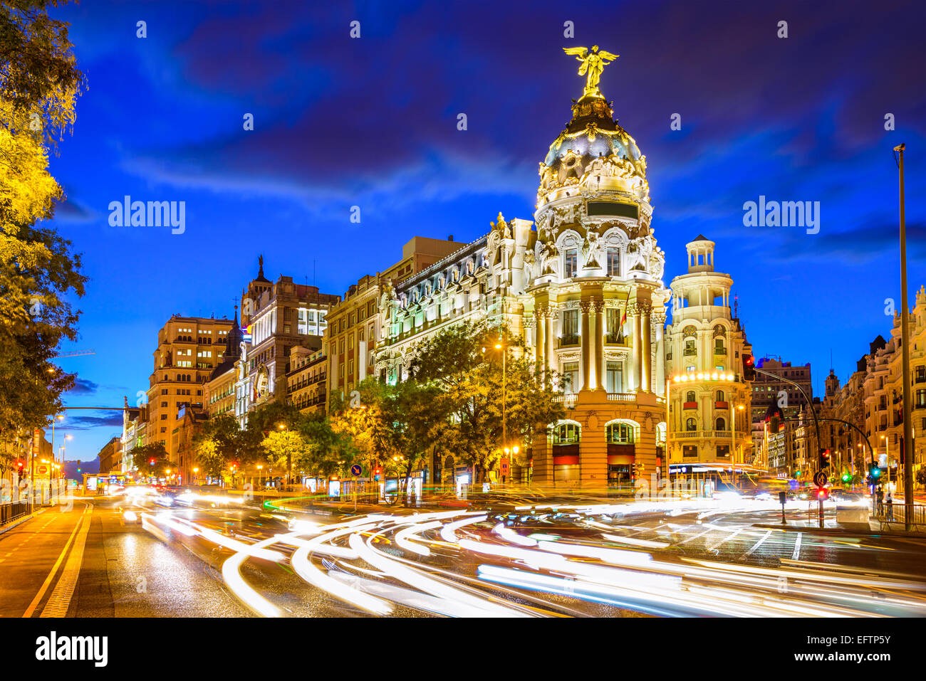 Madrid, Spanien Stadtbild an der Calle de Alcalá und der Gran Via. Stockfoto