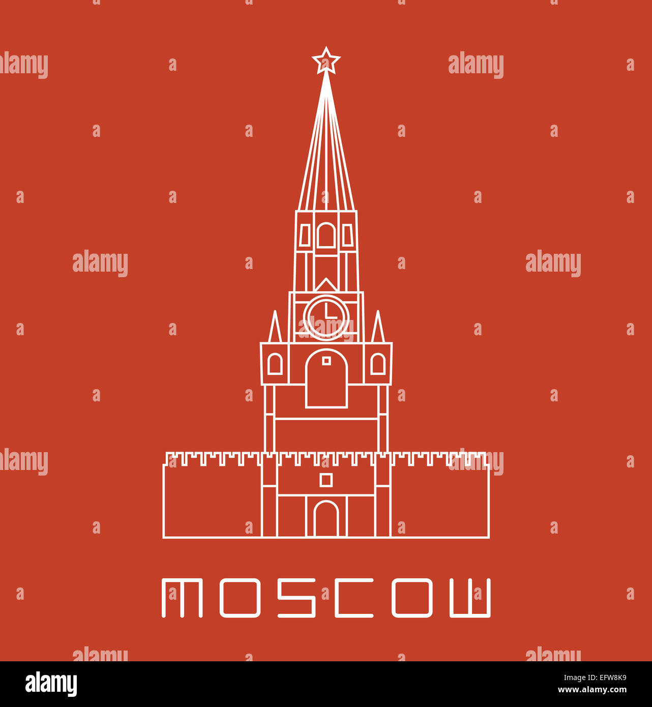 Einfache Linie Moskauer Kreml Uhrturm Symbol - weiße Vektor-illustration Stockfoto