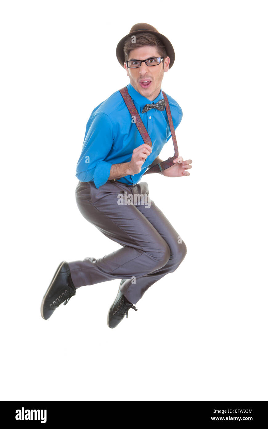 Geek oder Nerd Mann springt, Stockfoto