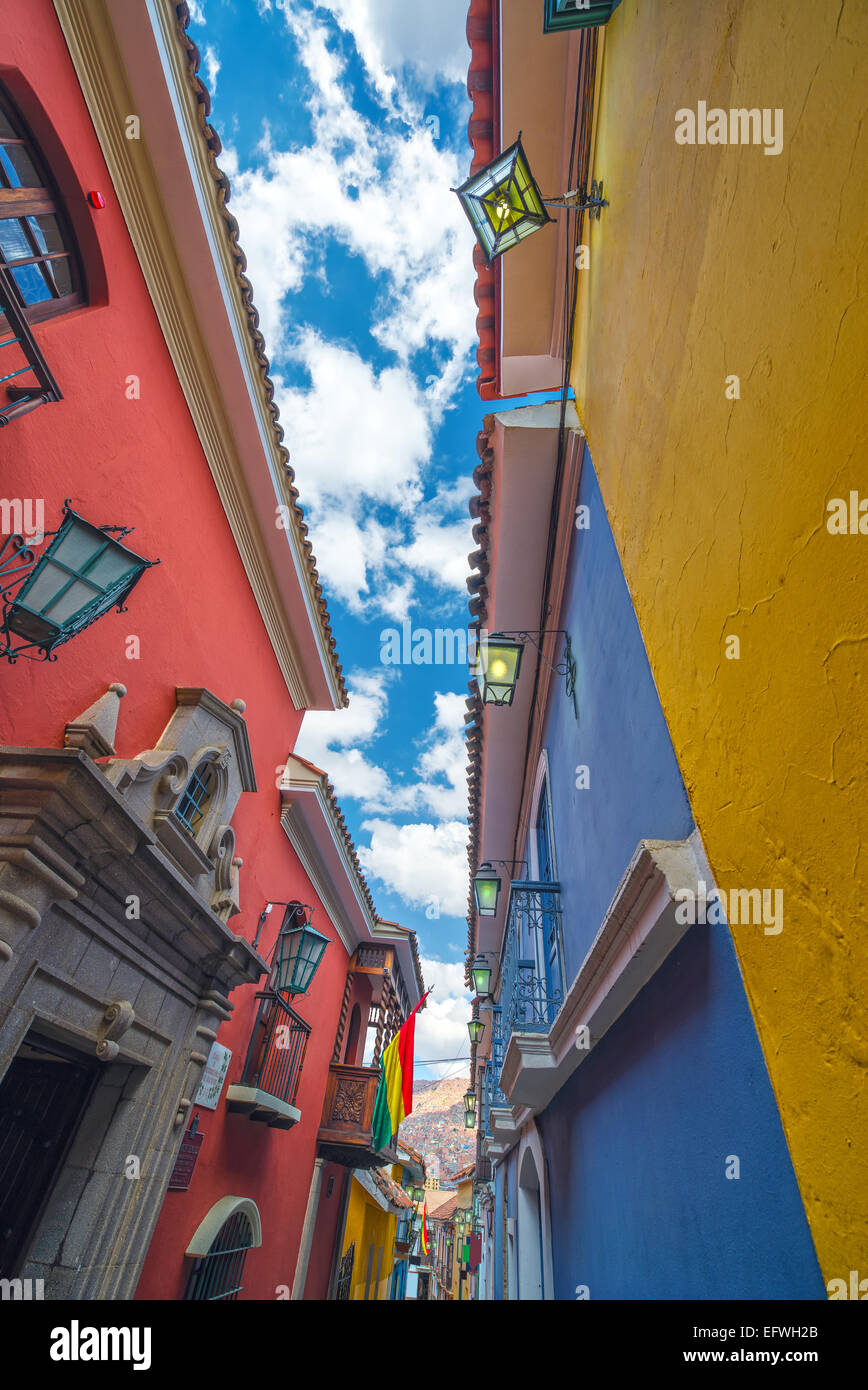 Bunte Jaen Street, der am besten erhaltenen kolonialen Straße in La Paz, Bolivien Stockfoto
