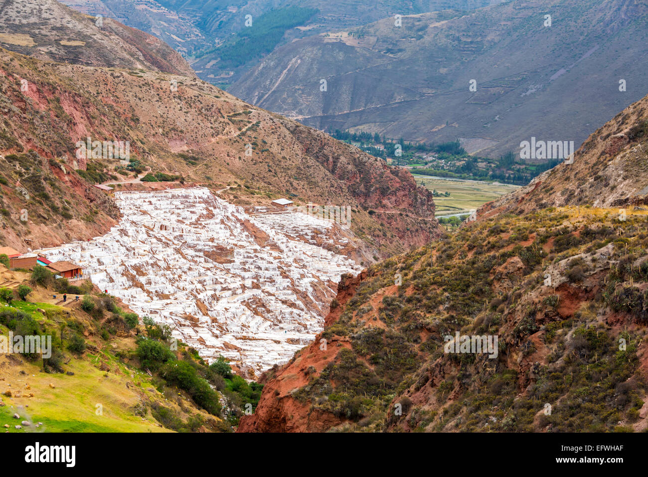 Salz-Pools in der Nähe der Stadt Maras im Heiligen Tal in der Nähe von Cusco, Peru Stockfoto