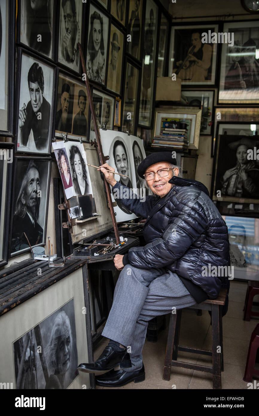 Porträts der Maler in der Altstadt, Hanoi, Vietnam. Stockfoto