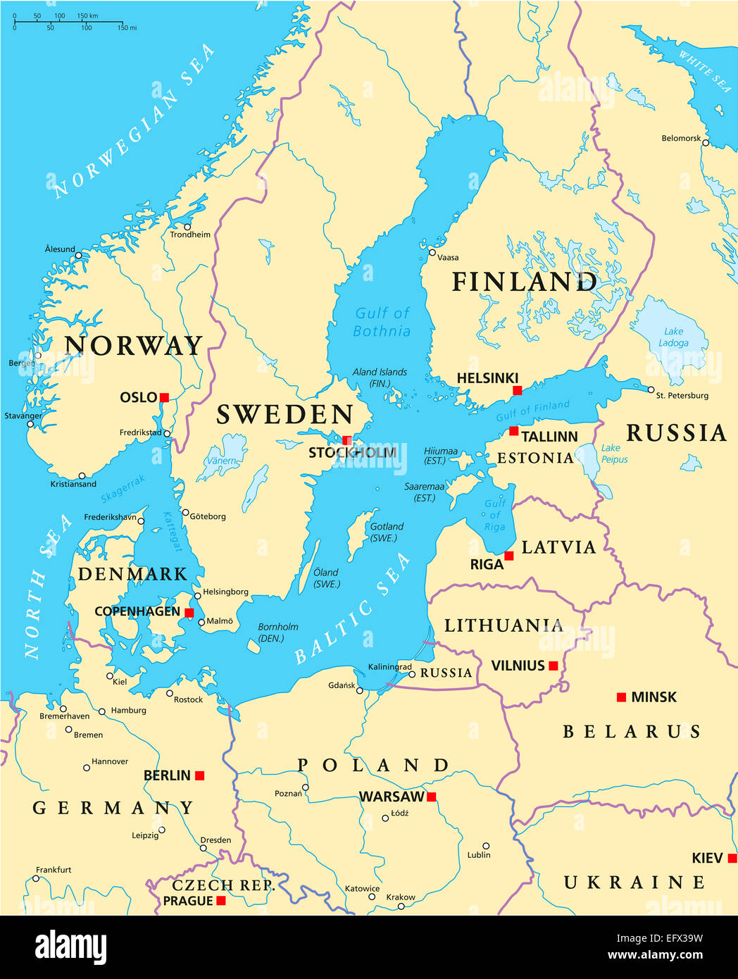 Baltic Sea Bereich politische Karte mit Hauptstädten, Landesgrenzen, wichtige Städte, Flüsse und Seen. Englische Beschriftung und Skalierung. Stockfoto
