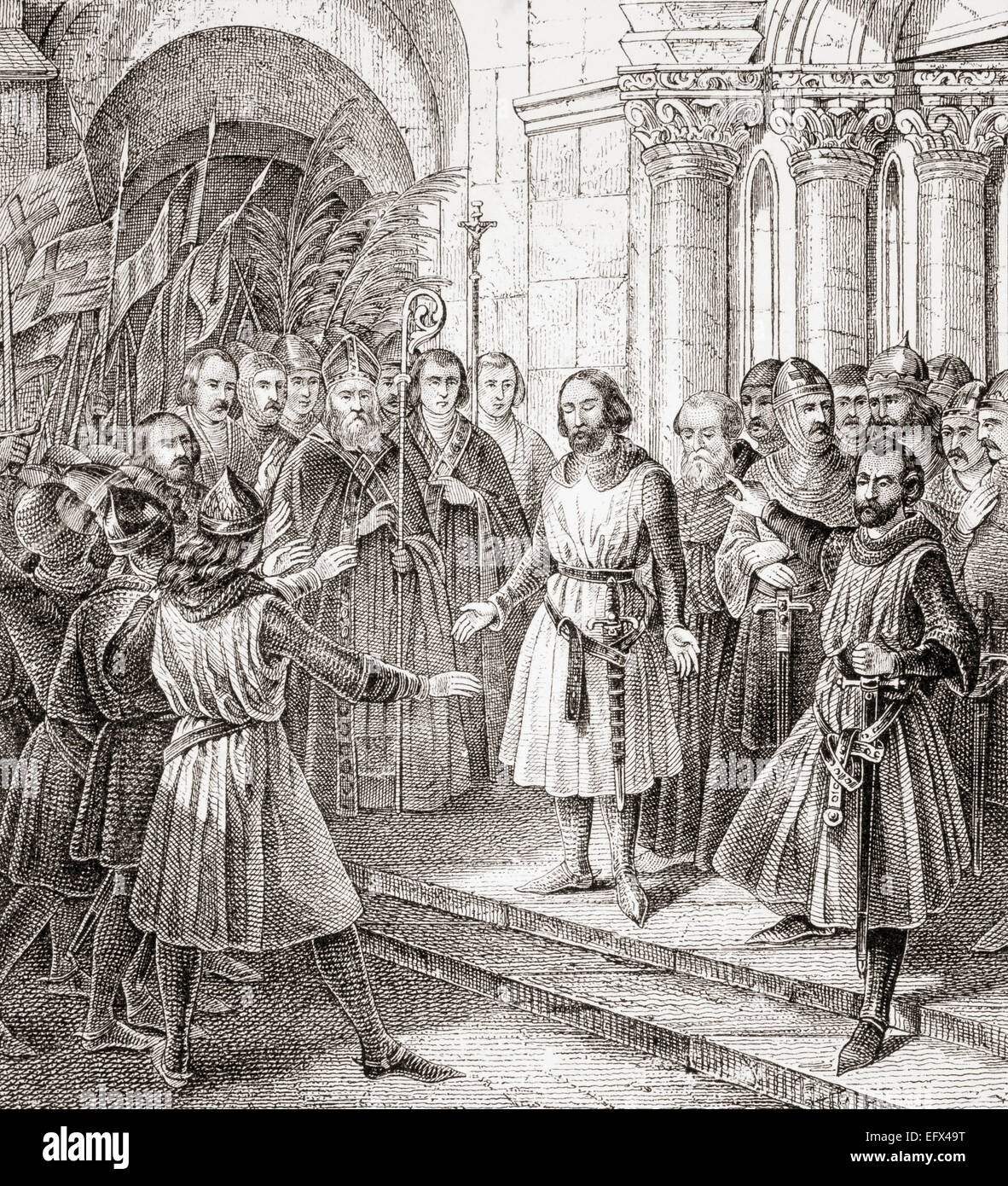 Godfrey von Bouillon, 1060-1100.  Fränkischer Ritter und ein Führer des ersten Kreuzzuges hier seiner Wahl zum König von Jerusalem nach der Einnahme der Stadt, obwohl er sich weigerte, den Titel zu akzeptieren. Stockfoto