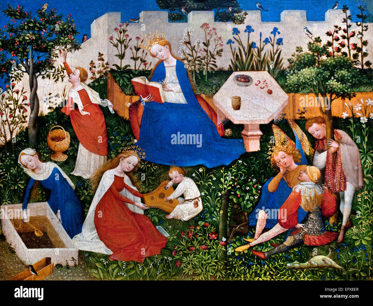 DER kleine Garten des Paradieses, CA. 1410 – 20 obere RHEINISCHEN Meister (einem hellen Sommertag. Maria sitzt in einem Garten und einem Gebet-Buch. Der kleine Jesus macht Musik, ein Engel und zwei Heiligen singen, eine Frau pflückt Kirschen) Stockfoto